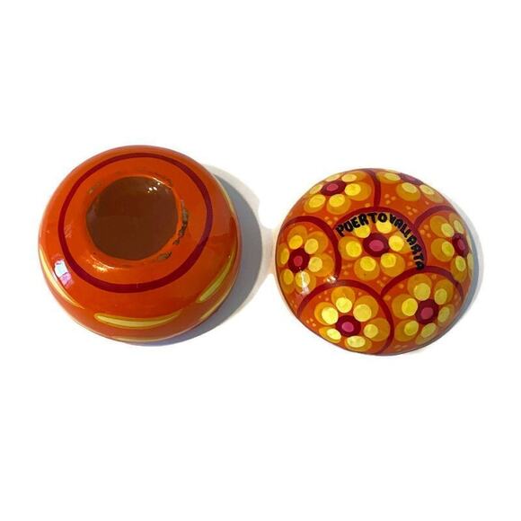 Mexican Redware Pottery Powder Box Signed Puerto Vallarta Trinket Orange Flowers - Picture 6 of 9